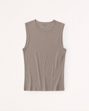 Grey / Brown Abercrombie And Fitch Featherweight Rib Skimming Crew Women Tanks | 49UJCVQRW
