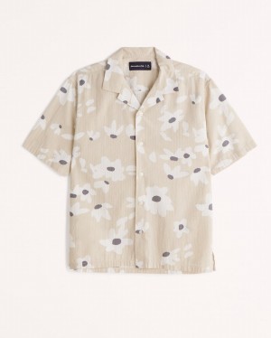 Light Brown Abercrombie And Fitch Camp Collar Seersucker Button-up Men Shirts | 82QBMUYIJ