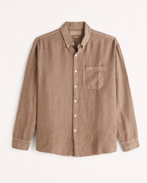 Light Brown Abercrombie And Fitch Linen Button-up Men Shirts | 15XRQSTGN