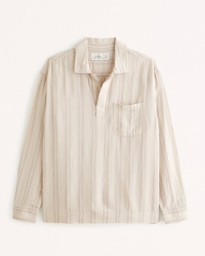 Light Brown Abercrombie And Fitch Long-sleeve Summer Linen-blend Johnny Collar Men Shirts | 30OYPFNMQ
