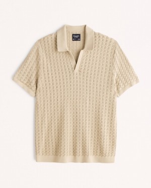 Light Brown Abercrombie And Fitch Textured Johnny Collar Men Polo Shirts | 98KGQDRXT