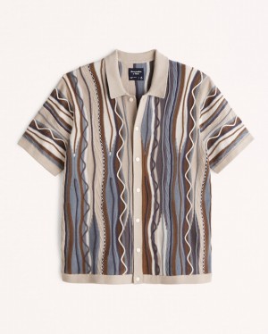 Light Brown / Stripes Abercrombie And Fitch Jacquard Stripe Button-through Men Polo Shirts | 13DLSEKYM