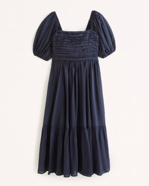 Navy Abercrombie And Fitch Emerson Floaty Puff Sleeve Midi Women Dresses | 86GKLNPDA