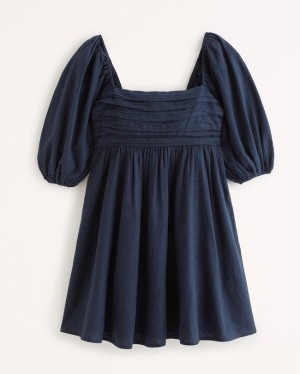 Navy Abercrombie And Fitch Emerson Linen-blend Puff Sleeve Mini Women Dresses | 81GXWCFHK