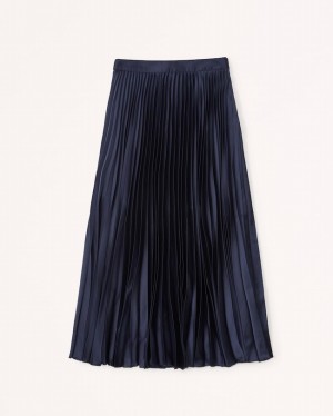 Navy Abercrombie And Fitch Satin Pleated Midi Women Sets | 95KSMPLGX