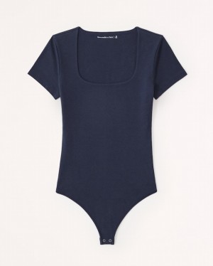 Navy Abercrombie And Fitch Short-sleeve Cotton Seamless Fabric Squareneck Women Bodysuit | 79XYOJUGB