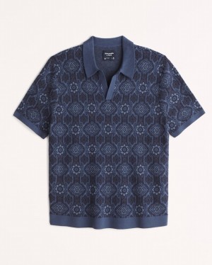 Navy / Blue Abercrombie And Fitch Geometric Johnny Collar Men Polo Shirts | 72NXYTKAD
