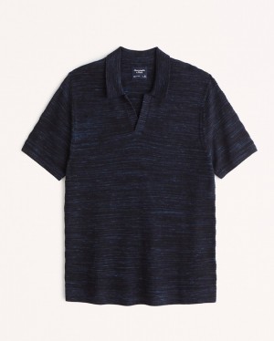 Navy / Blue Abercrombie And Fitch Marled Johnny Collar Men Polo Shirts | 54TAVZKRM