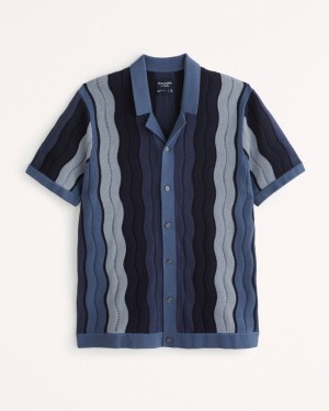 Navy / Blue Abercrombie And Fitch Wave Stitch Button-through Men Polo Shirts | 87VWOCRSU