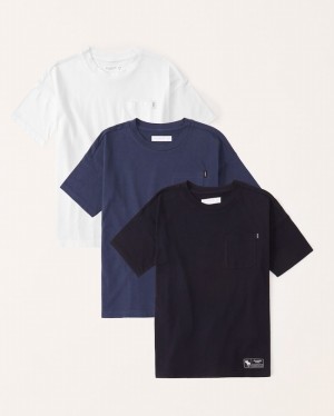 Navy / White / Black Abercrombie And Fitch 3-pack Oversized Pocket Boys T-shirts | 19NJOCZBS