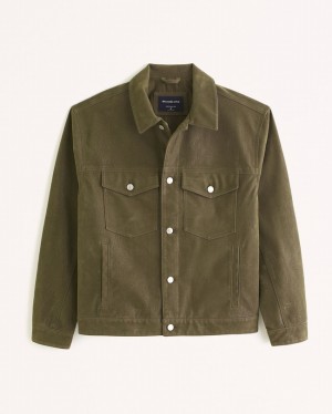 Olive Abercrombie And Fitch Vegan Sueded Leather Trucker Men Jackets | 69UIMERZA