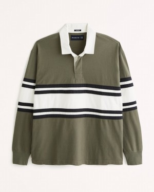 Olive / Navy / Stripes Abercrombie And Fitch Long-sleeve Rugby Men Polo Shirts | 61ORMQHST
