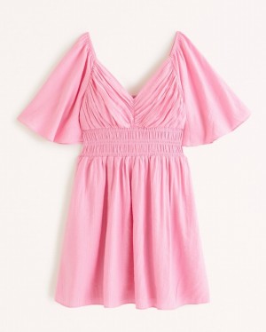 Pink Abercrombie And Fitch Angel Sleeve Smocked Waist Mini Women Dresses | 17GXVYQKL