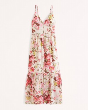 Pink Abercrombie And Fitch Crinkle Textured Button-through Maxi Women Dresses | 82QELYCZN