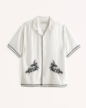 White Abercrombie And Fitch Camp Collar Summer Linen-blend Embroidered Men Shirts | 08ZWQHJLI