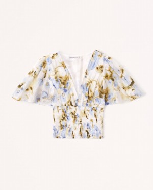 White Abercrombie And Fitch Flutter Sleeve Smocked Waist Women Shirts | 04IVTKURA
