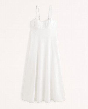 White Abercrombie And Fitch Linen-blend Sweetheart Midi Women Dresses | 68QXZWOJD