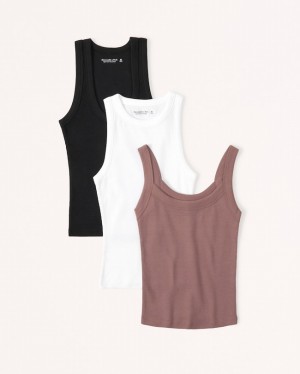 White / Black / Brown Abercrombie And Fitch 3-pack Essential Rib Tuckable Women T-shirts | 80UYLAJRH