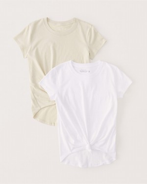 White / Brown Abercrombie And Fitch 2-pack Knotted Crew Women T-shirts | 69HLVMBIU