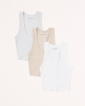 White / Brown / Grey Abercrombie And Fitch 3-pack Essential Scoopneck Women Tanks | 36PDTWJZK