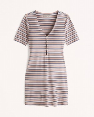 White / Stripes Abercrombie And Fitch Triple Keyhole Knit Mini Women Dresses | 27LHAVBGO