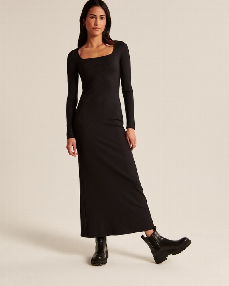 Black Abercrombie And Fitch Long-sleeve Knit Squareneck Maxi Women Dresses | 60CLIKAUS