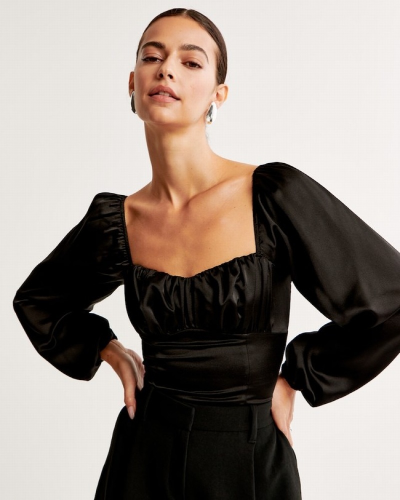 Black Abercrombie And Fitch Long-sleeve Satin Ruched Women Shirts | 08ITFBHOD