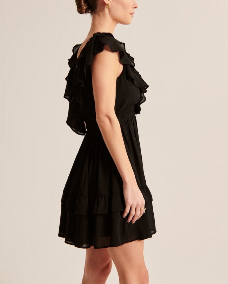 Black Abercrombie And Fitch Ruffle Flutter Sleeve Mini Women Dresses | 13XFOCYQN