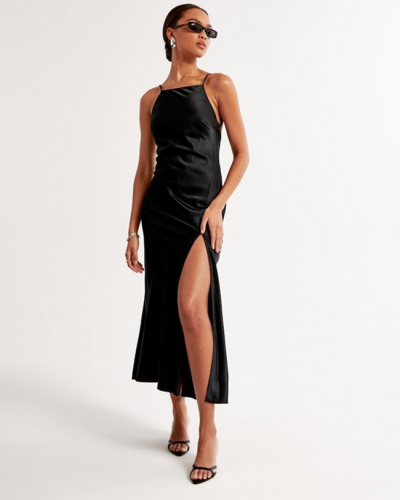 Black Abercrombie And Fitch Satin Low Back Maxi Women Dresses | 78DPBJAMQ