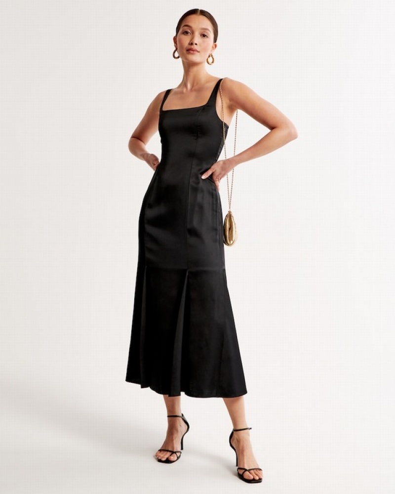 Black Abercrombie And Fitch Satin Slip Fishtail Midi Women Dresses | 41IREGBXO