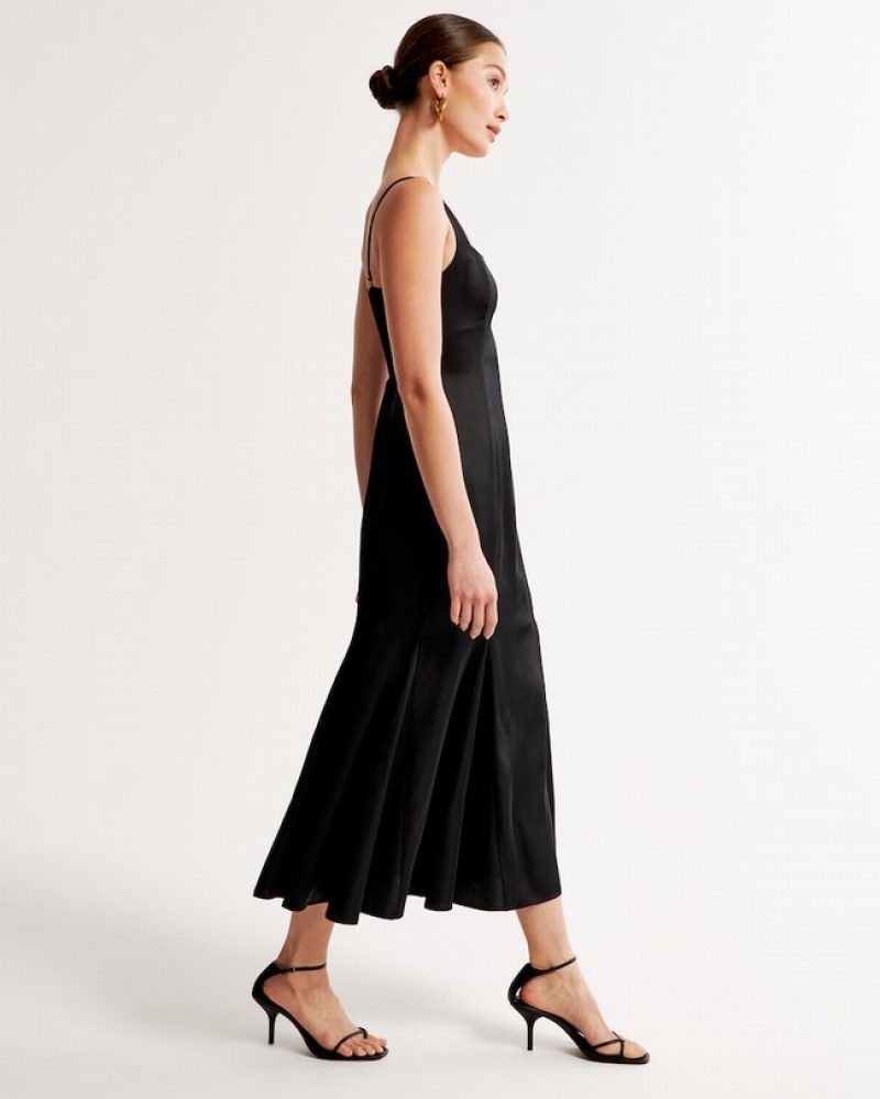 Black Abercrombie And Fitch Satin Slip Fishtail Midi Women Dresses | 41IREGBXO