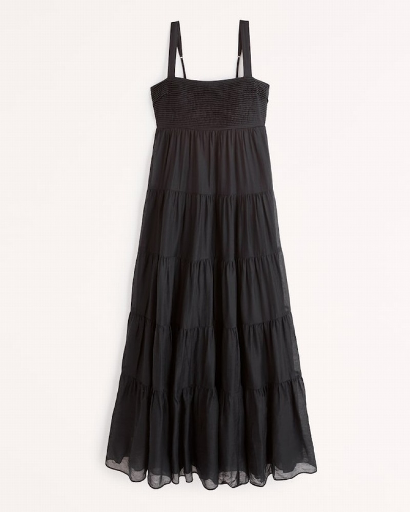 Black Abercrombie And Fitch Tiered Ruched Babydoll Maxi Women Dresses | 89FYLEPMB