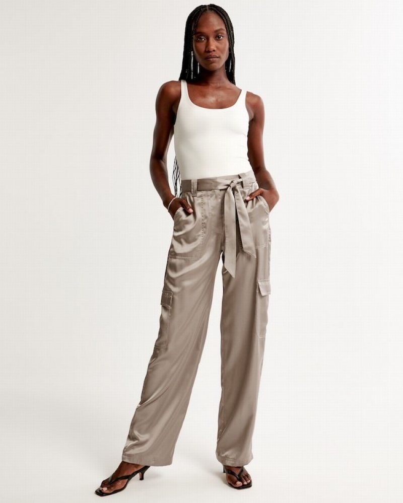 Brown Abercrombie And Fitch Beltedgy Satin Cargo Women Pants | 62NCBDSGT