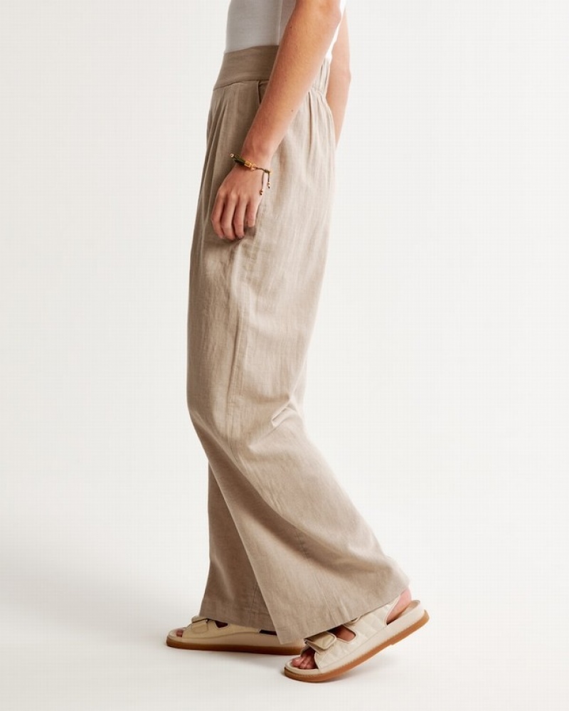Brown Abercrombie And Fitch Linen-blend Ultra Wide-leg Women Pants | 94BHTAXKY