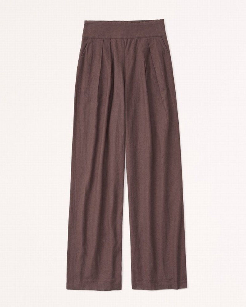Brown Abercrombie And Fitch Linen-blend Ultra Wide-leg Women Pants | 18RCKMTYB
