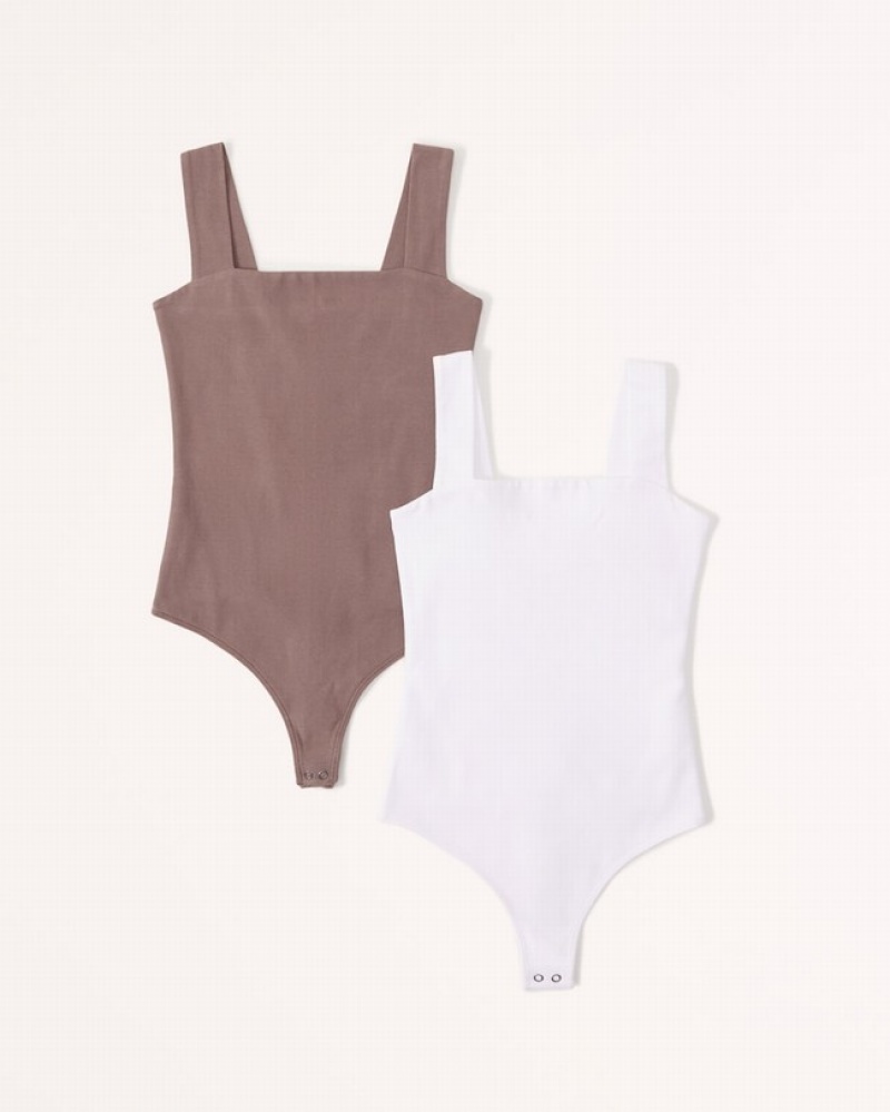 Brown / White Abercrombie And Fitch 2-pack Cotton Seamless Fabric Squareneck Women Bodysuit | 75PTQLHVE