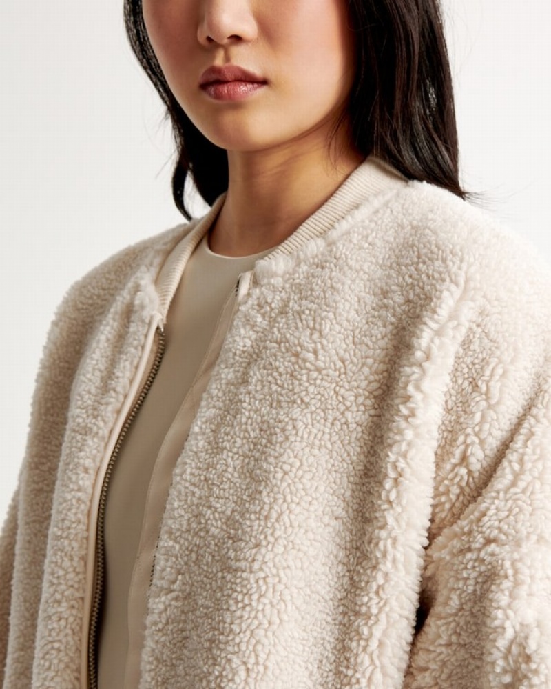 Cream Abercrombie And Fitch Oversized Sherpa Bomber Women Jackets | 76WGFNXRD