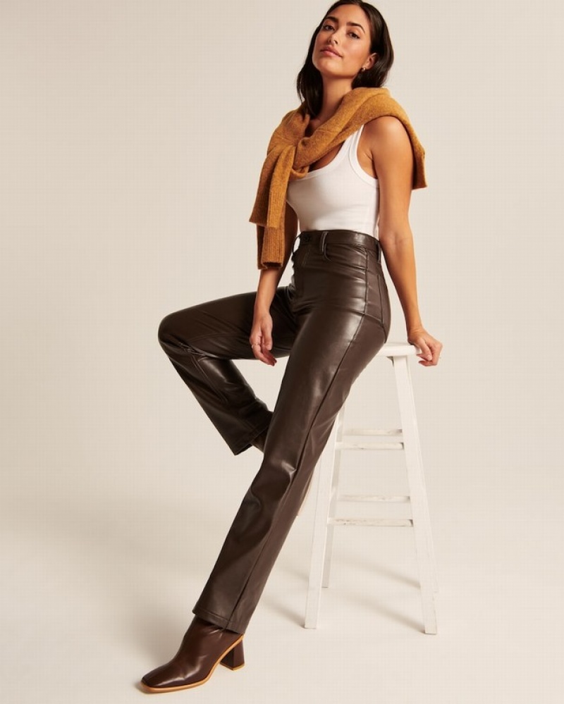 Dark Brown Abercrombie And Fitch Curve Love Vegan Leather 90s Straight Women Pants | 24HECMUNX