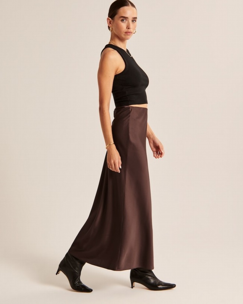Dark Brown Abercrombie And Fitch Satin Column Maxi Women Skirts | 46IUFJPHY