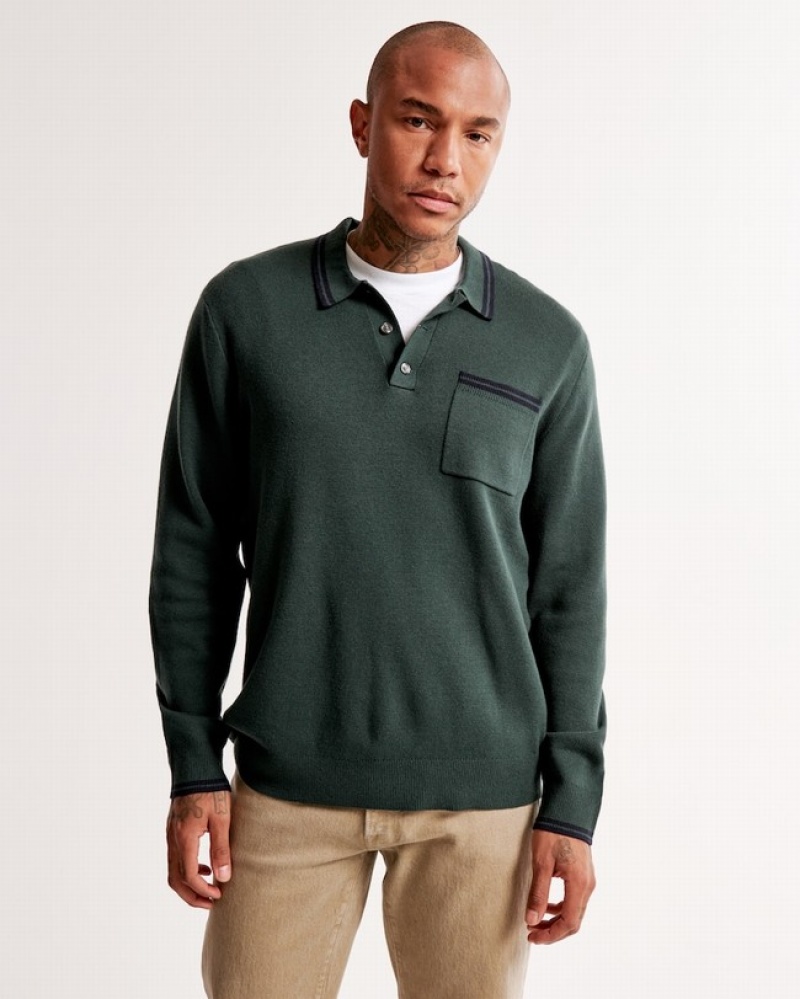 Dark Green Abercrombie And Fitch Tipped Long-sleeve 3-button Men Polo Shirts | 56YGQWRJZ