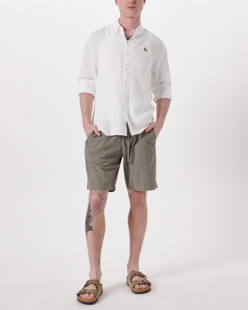 Dark Green / Stripes Abercrombie And Fitch 9 Inch Linen-blend Pull-on Men Shorts | 36UQCVOFA
