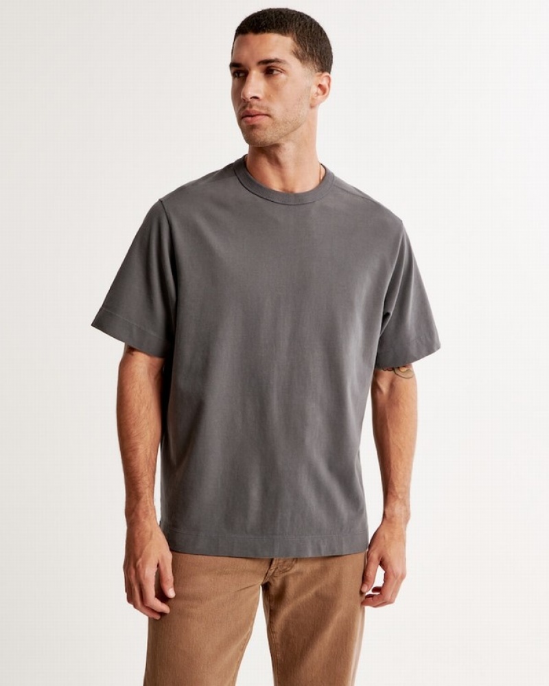 Dark Grey Abercrombie And Fitch Premium Heavyweight Men T-shirts | 46IJELDUO