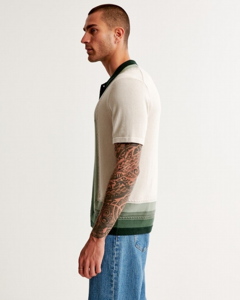 Green Abercrombie And Fitch Border Stripe Button-through Men Polo Shirts | 73RYHCODI