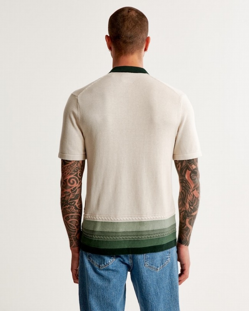 Green Abercrombie And Fitch Border Stripe Button-through Men Polo Shirts | 73RYHCODI