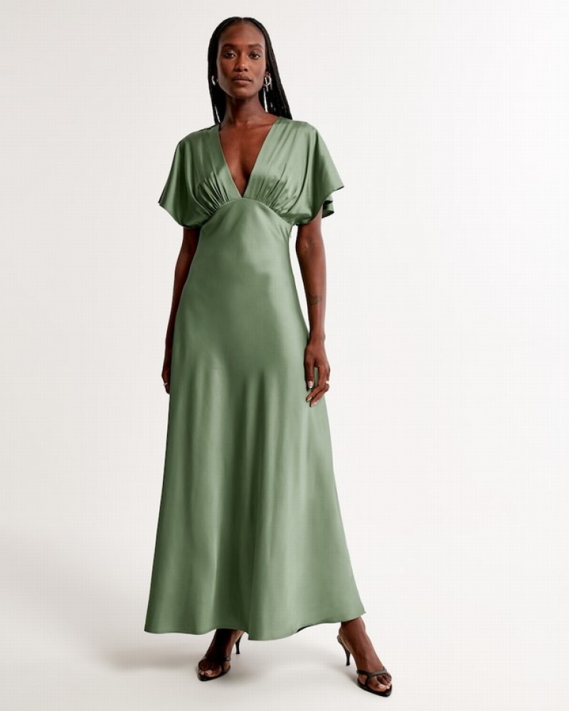 Green Abercrombie And Fitch Flutter Sleeve Satin Maxi Women Dresses | 70QYLZAFE