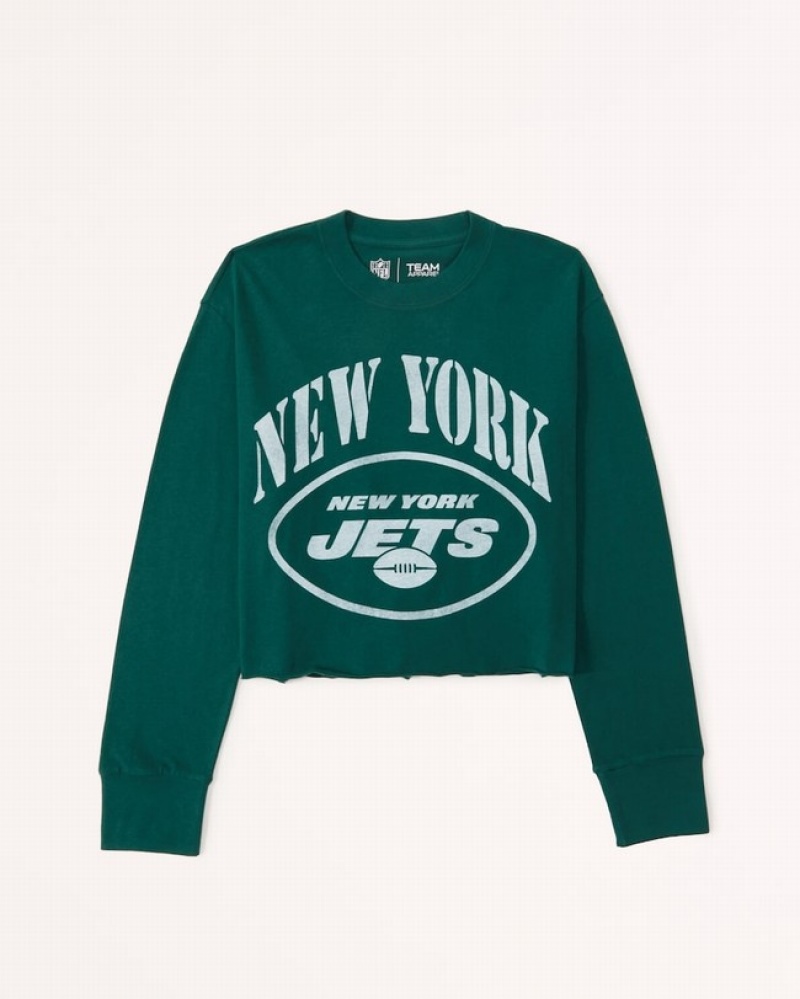 Green Abercrombie And Fitch Long-sleeve Cropped New York Jets Graphic Women T-shirts | 61WEUHBVM