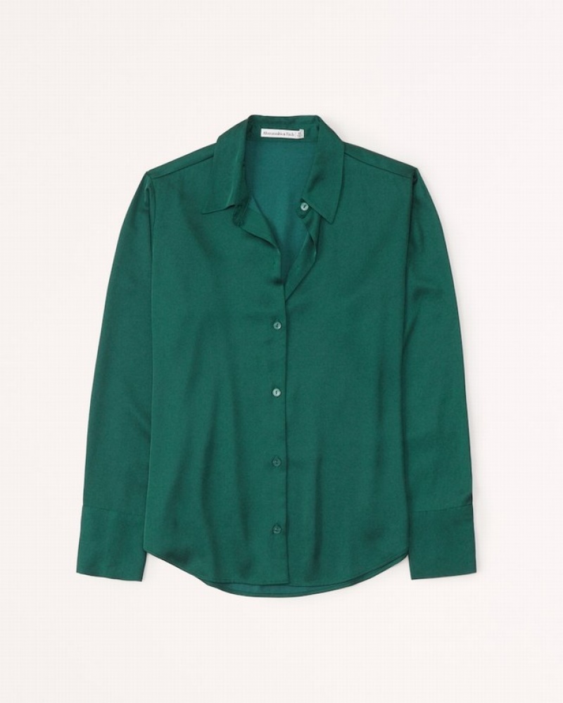 Green Abercrombie And Fitch Long-sleeve Satin Button-up Women Shirts | 52GVMULKR
