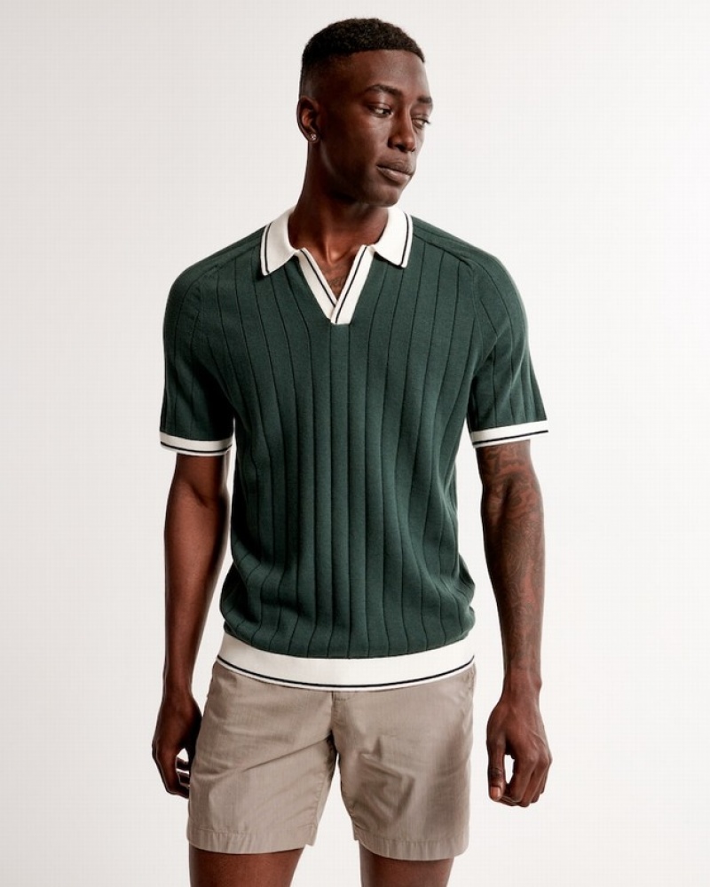 Green / Stripes Abercrombie And Fitch Tipped Johnny Collar Men Polo Shirts | 89OKPVLMD