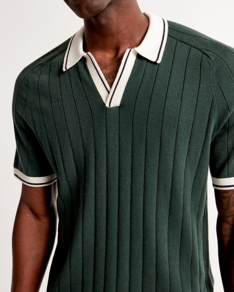 Green / Stripes Abercrombie And Fitch Tipped Johnny Collar Men Polo Shirts | 89OKPVLMD