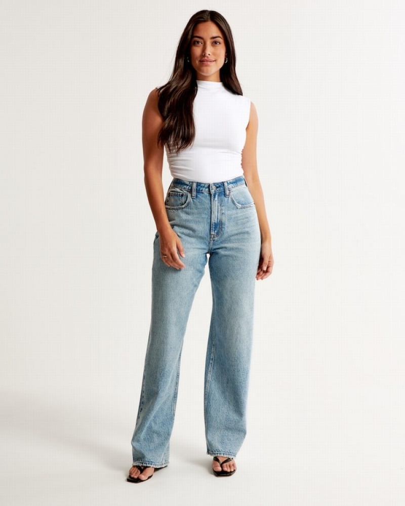 Light Blue Abercrombie And Fitch Curve Love High Rise Loose Women Jeans | 43JZYCIOA